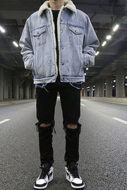 Distressed Damaged Lamb Fur Collar Denim Jacket