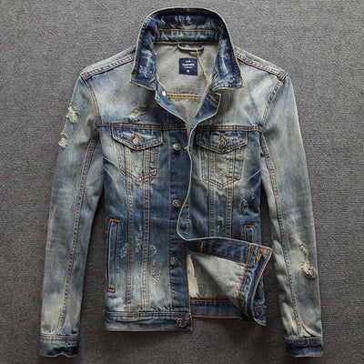 Autumn Retro Distressed Men's Denim Jacket Foreign Trade Jacket Slim Ripped Denim Jacket