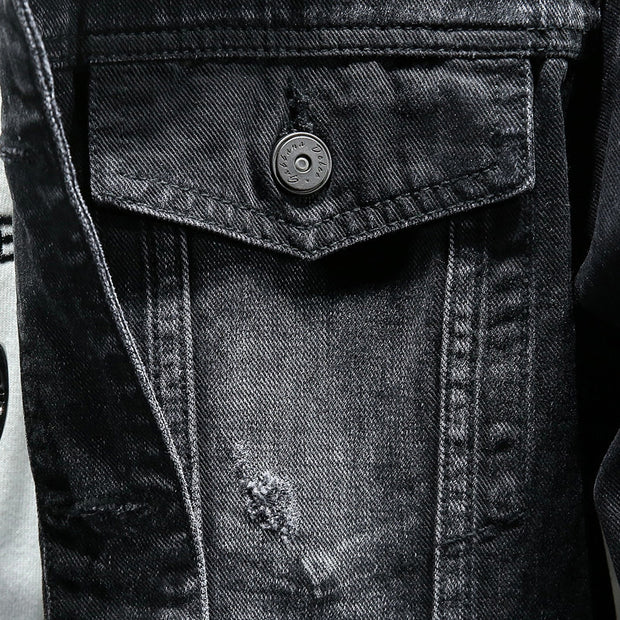 Men's Letter Embroidered Retro Distressed Lapel Collar Denim Jacket