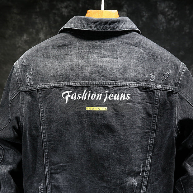 Men's Letter Embroidered Retro Distressed Lapel Collar Denim Jacket