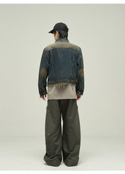 Fake Two-piece Motorcycle Denim Coat Men's Washed Distressed Jacket