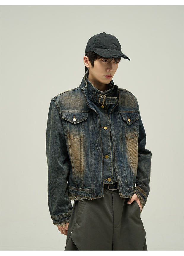 Fake Two-piece Motorcycle Denim Coat Men's Washed Distressed Jacket