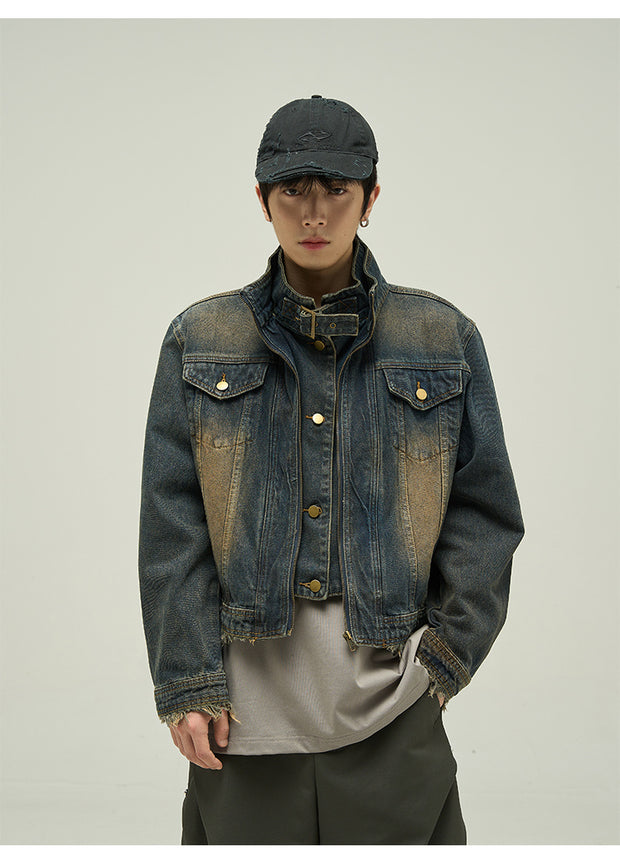 Fake Two-piece Motorcycle Denim Coat Men's Washed Distressed Jacket