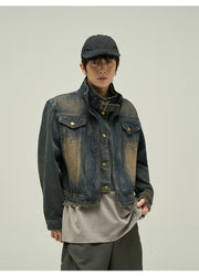 Fake Two-piece Motorcycle Denim Coat Men's Washed Distressed Jacket