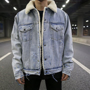 Distressed Damaged Lamb Fur Collar Denim Jacket