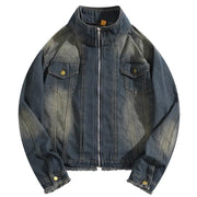 Fake Two-piece Motorcycle Denim Coat Men's Washed Distressed Jacket