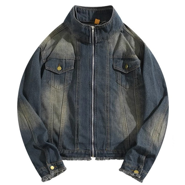 Fake Two-piece Motorcycle Denim Coat Men's Washed Distressed Jacket