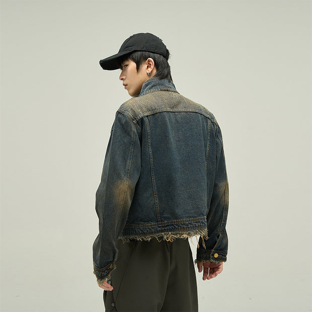 Fake Two-piece Motorcycle Denim Coat Men's Washed Distressed Jacket