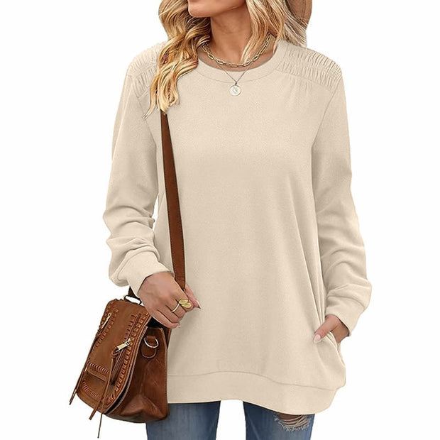 Fashion Long Sleeve Pullover Sweatshirt With Pockets Casual Loose Solid Color Top Womens Clothing